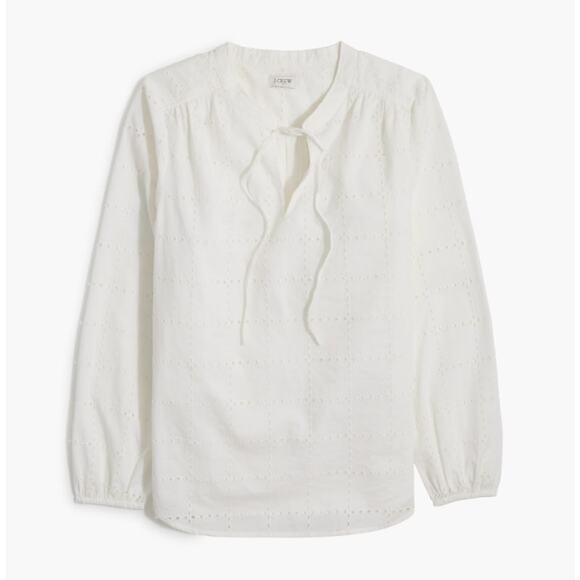 J.Crew Long-Sleeve Eyelet Tie-Neck Top Womens Plus 2X White Cotton Lightweight - Picture 3 of 9